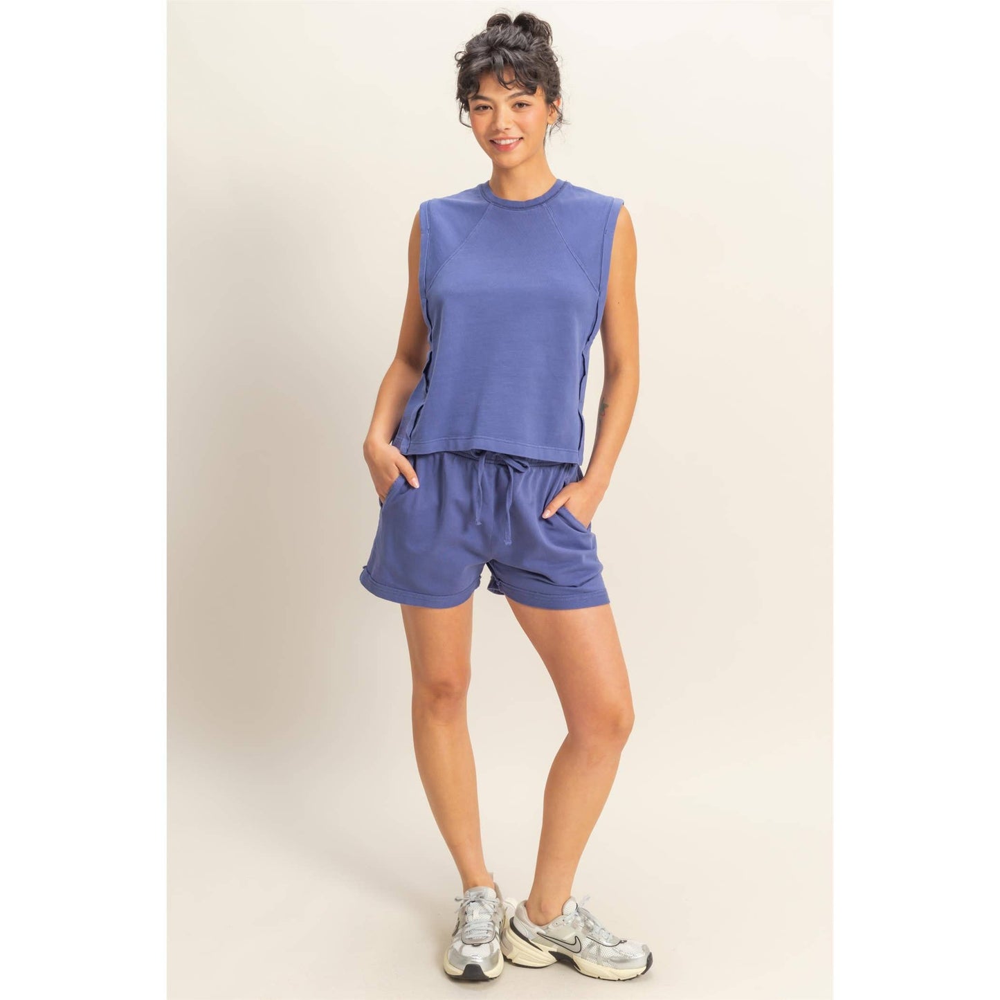 Round Neck Sleeveless Top: DUSTY INDIGO