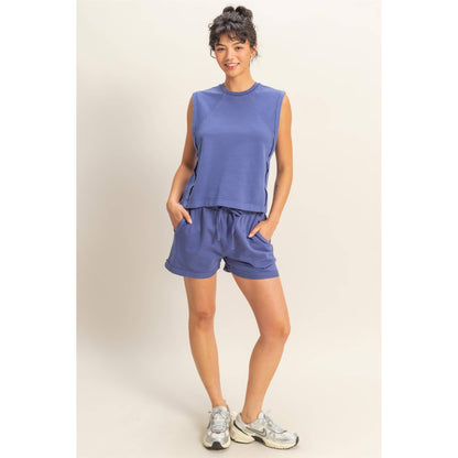 Round Neck Sleeveless Top: DUSTY INDIGO