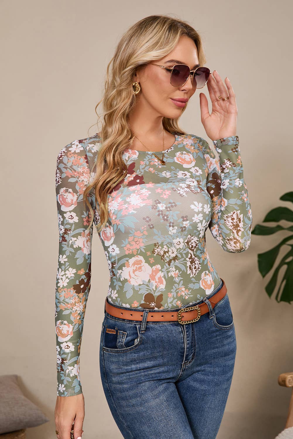 Sage Floral Mesh Long Sleeve Top