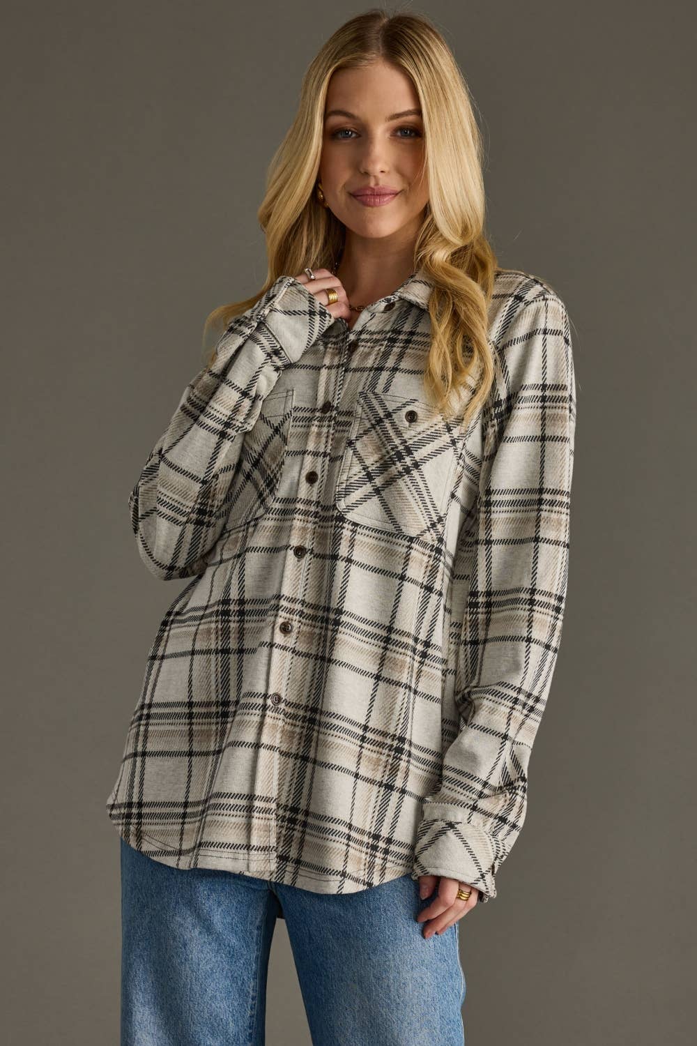 Taupe, Black & Tan Plaid Button Up