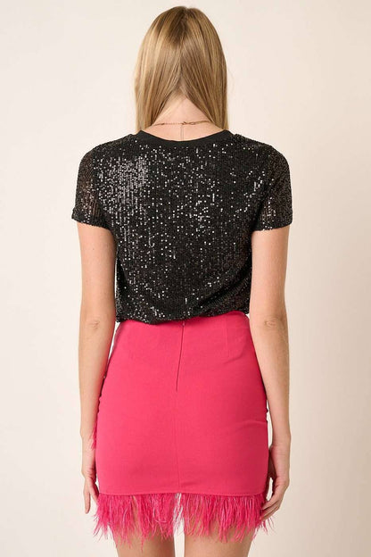SEQUIN SHORT SLEEVE KNIT TOP