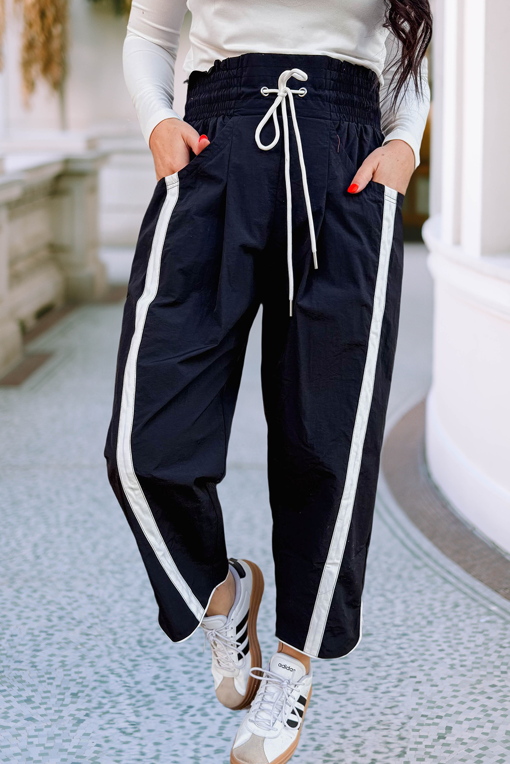 Striped Elastic Waist Drawstring Cropped Pants: Black