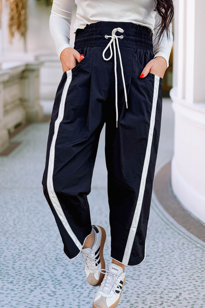 Striped Elastic Waist Drawstring Cropped Pants: Black