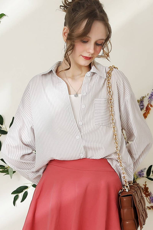 Striped Button Down Long Sleeve Shirt: GREY/White