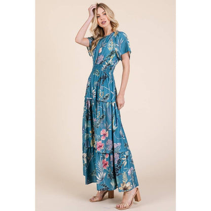 Floral Print Split Neck Tiered Maxi Dress: BLUE COMBO