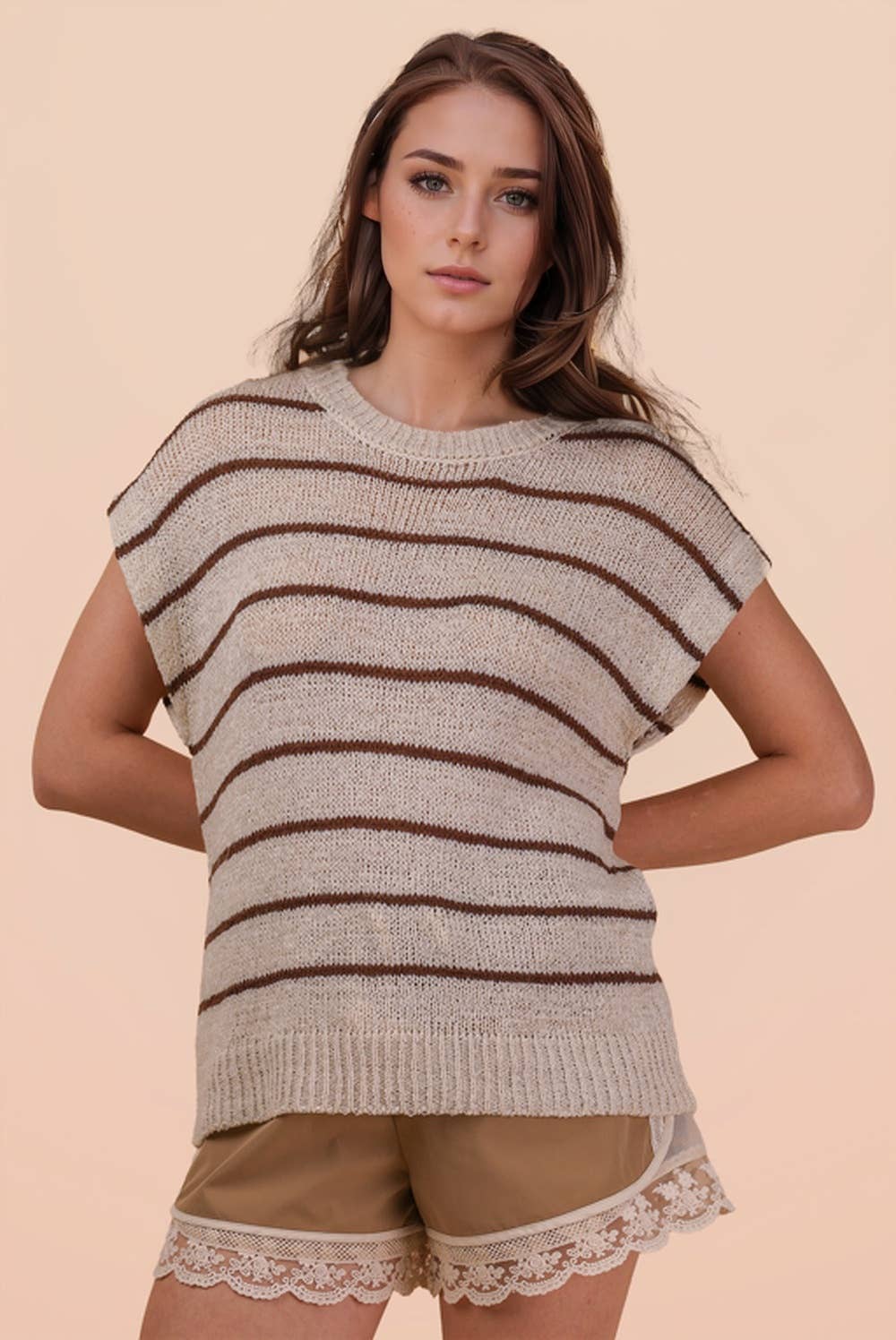 Striped Knit Sweater Vest Top: NATURAL