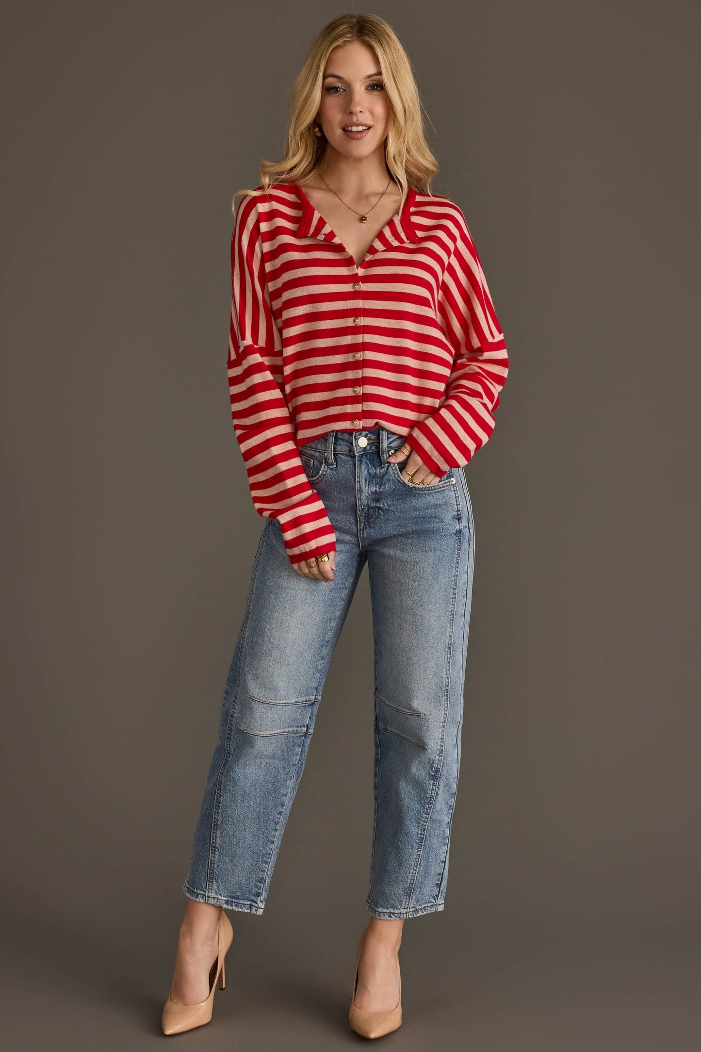 Red & Lt. Pink Striped Cardigan
