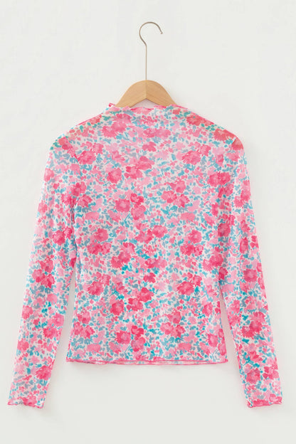 Floral Mesh Mock Neck Top: Pink