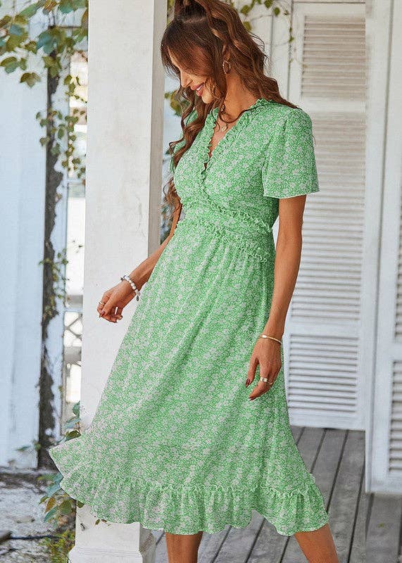 Floral Print Ruffle Trim Dress: Green