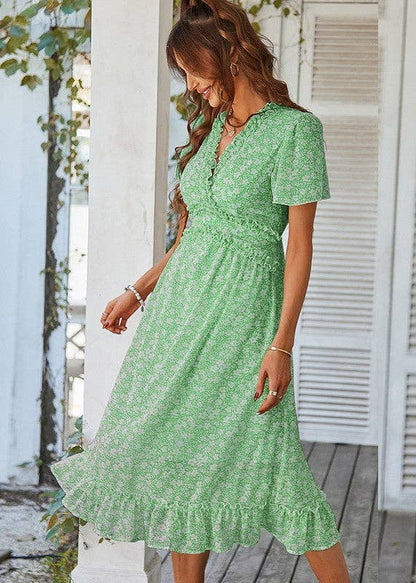 Floral Print Ruffle Trim Dress: Green