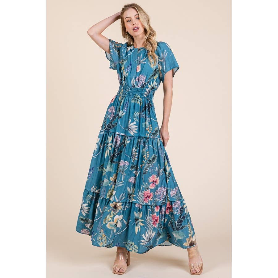 Floral Print Split Neck Tiered Maxi Dress: BLUE COMBO
