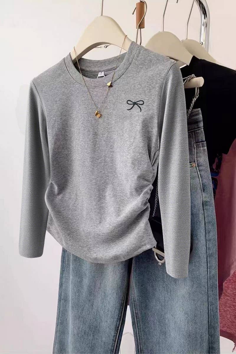 GREY LONG-SLEEVED ROUCHED BOW TOP