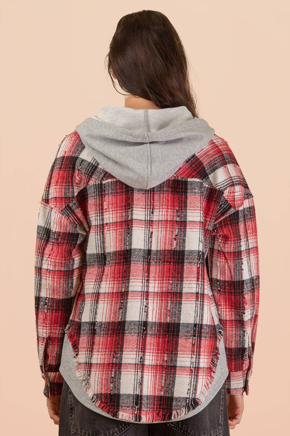 Oversized Flannel Hooded Button Down Jacket: RED MIX