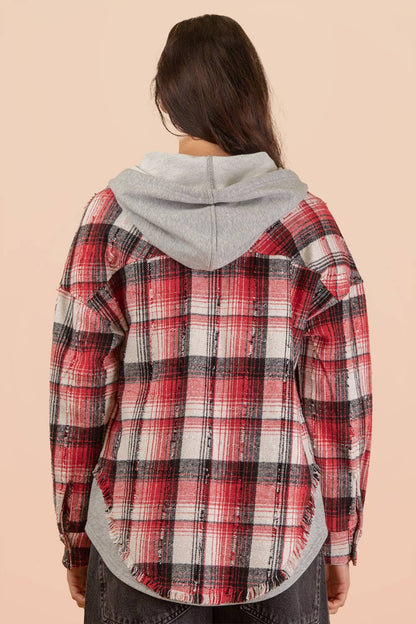 Oversized Flannel Hooded Button Down Jacket: RED MIX