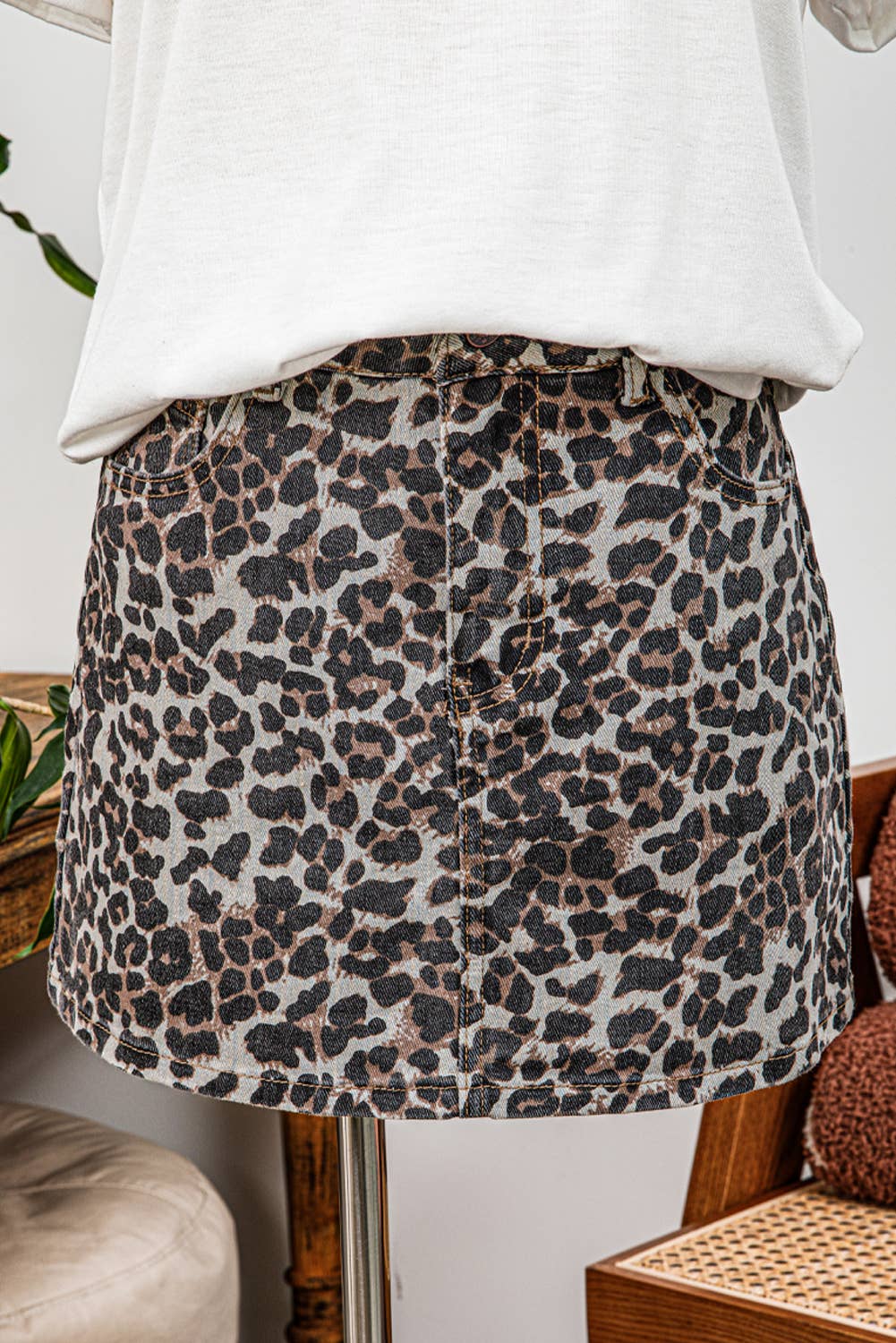 Leopard Denim Mini Skirt