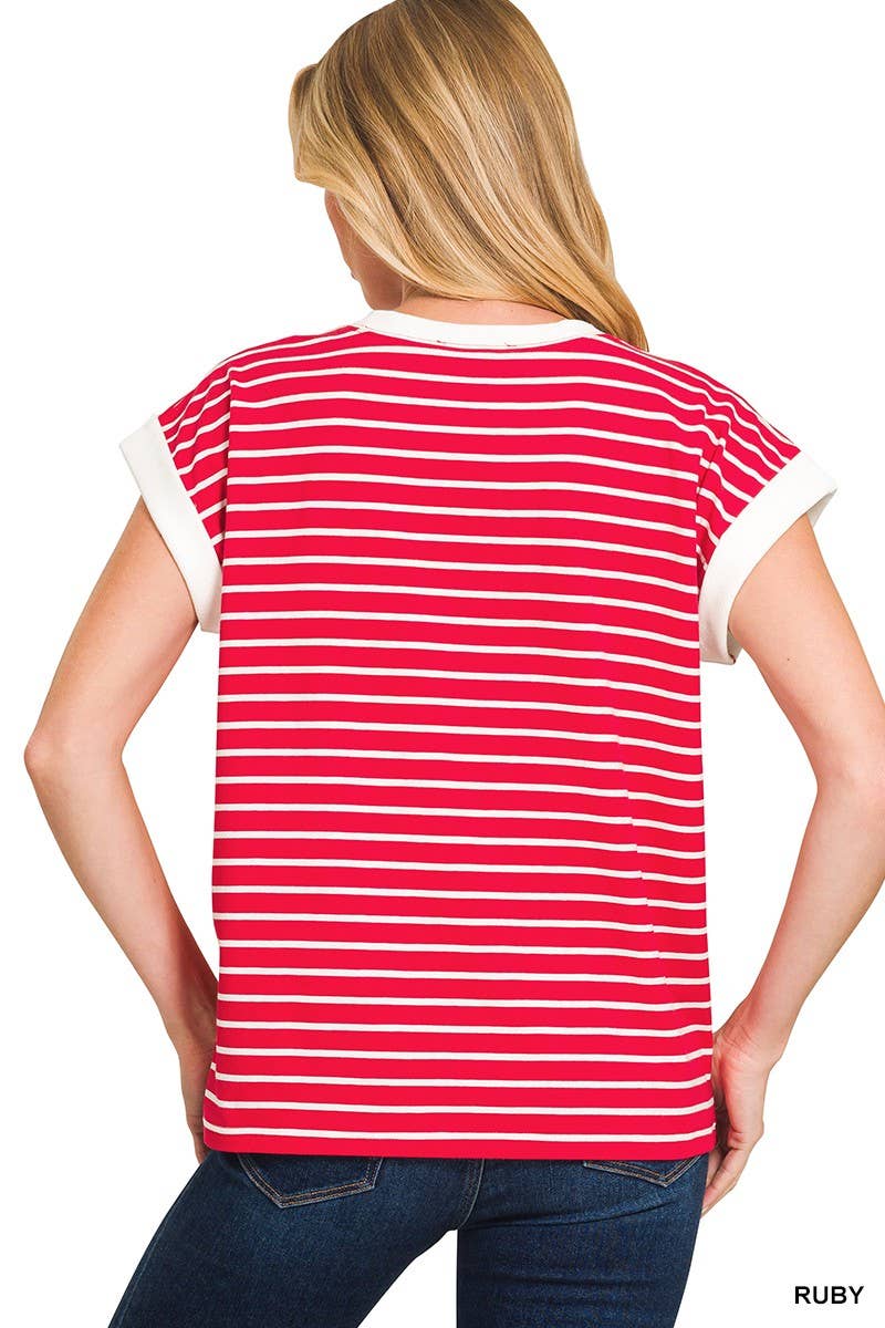 Red Stripe Cap Sleeve Tee