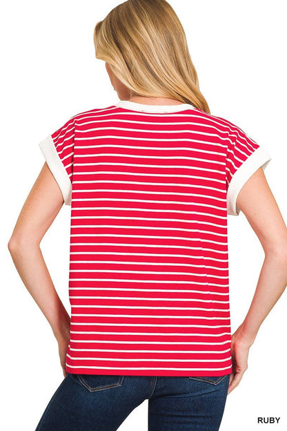 Red Stripe Cap Sleeve Tee