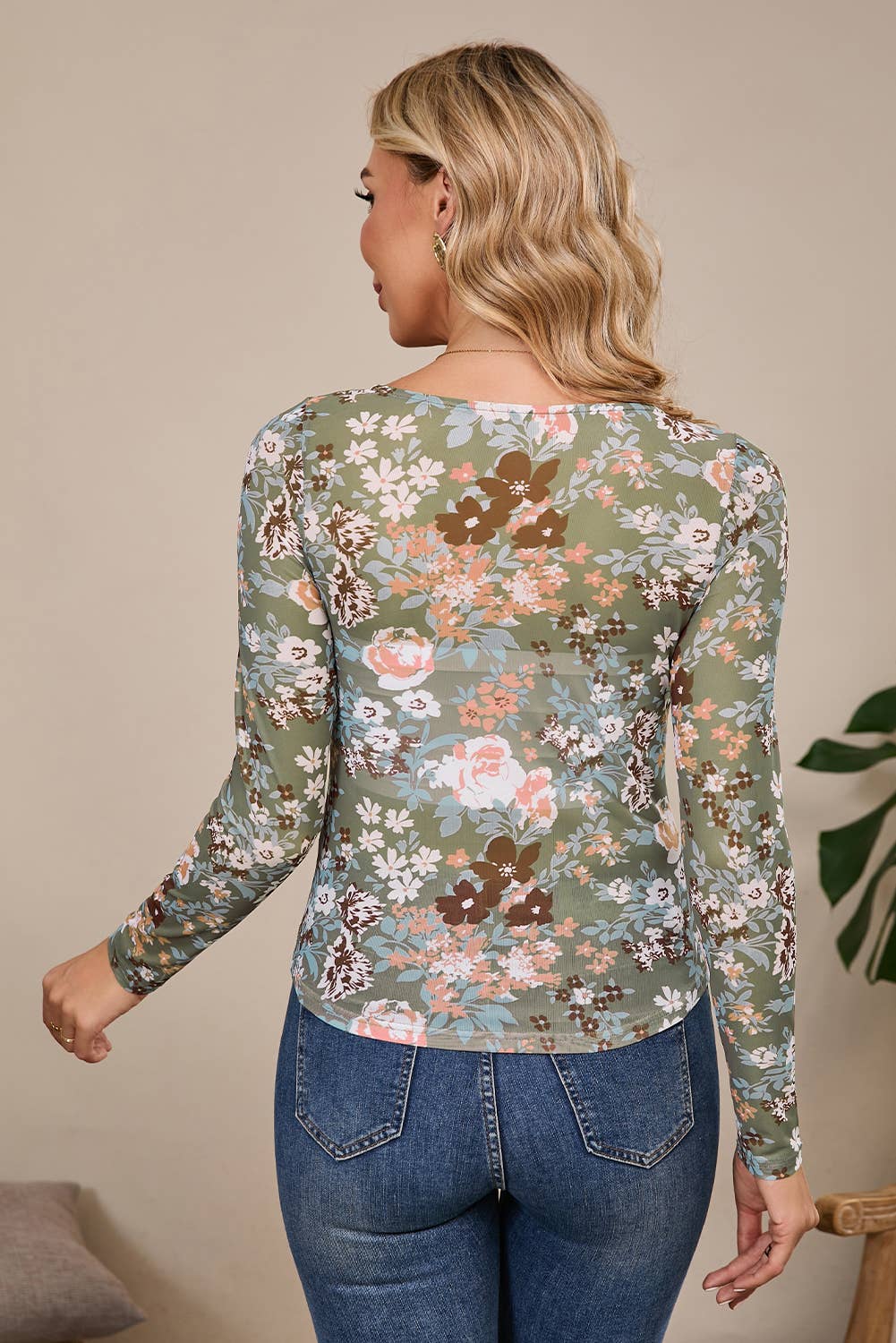 Sage Floral Mesh Long Sleeve Top