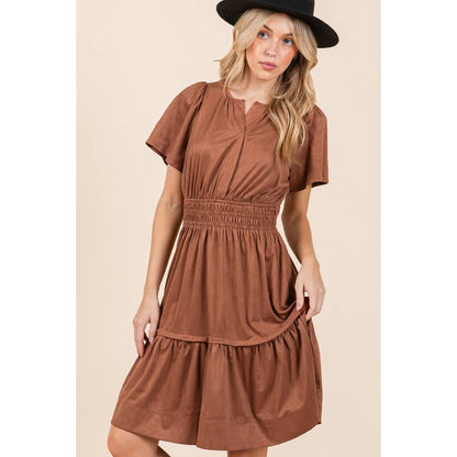Smocked Waist Short Sleeve Dress: Mocha