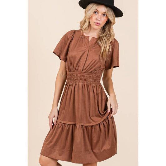 Smocked Waist Short Sleeve Dress: Mocha