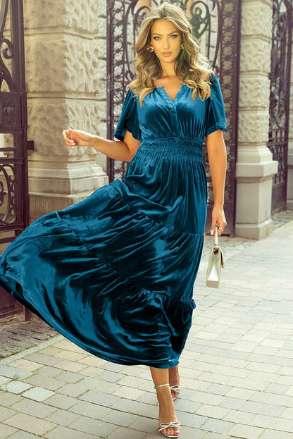 Blue Velvet Short Sleeve Maxi Dress
