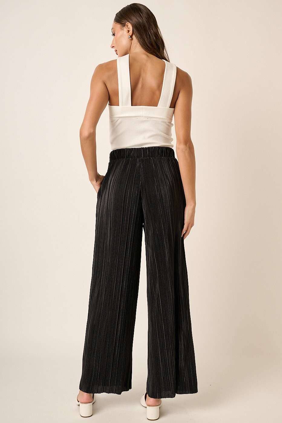 PLEATED SATIN ELASTIC WAIST WIDE LEG PANTS