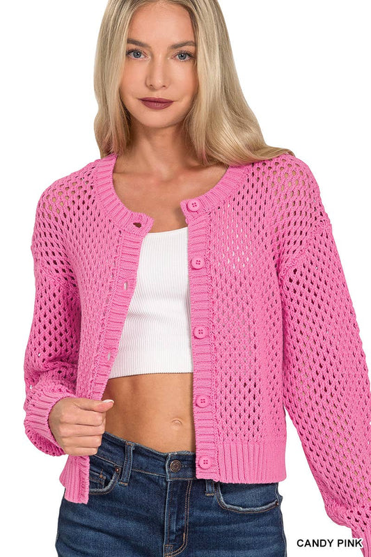 Candy Pink Crochet Sweater Cardigan
