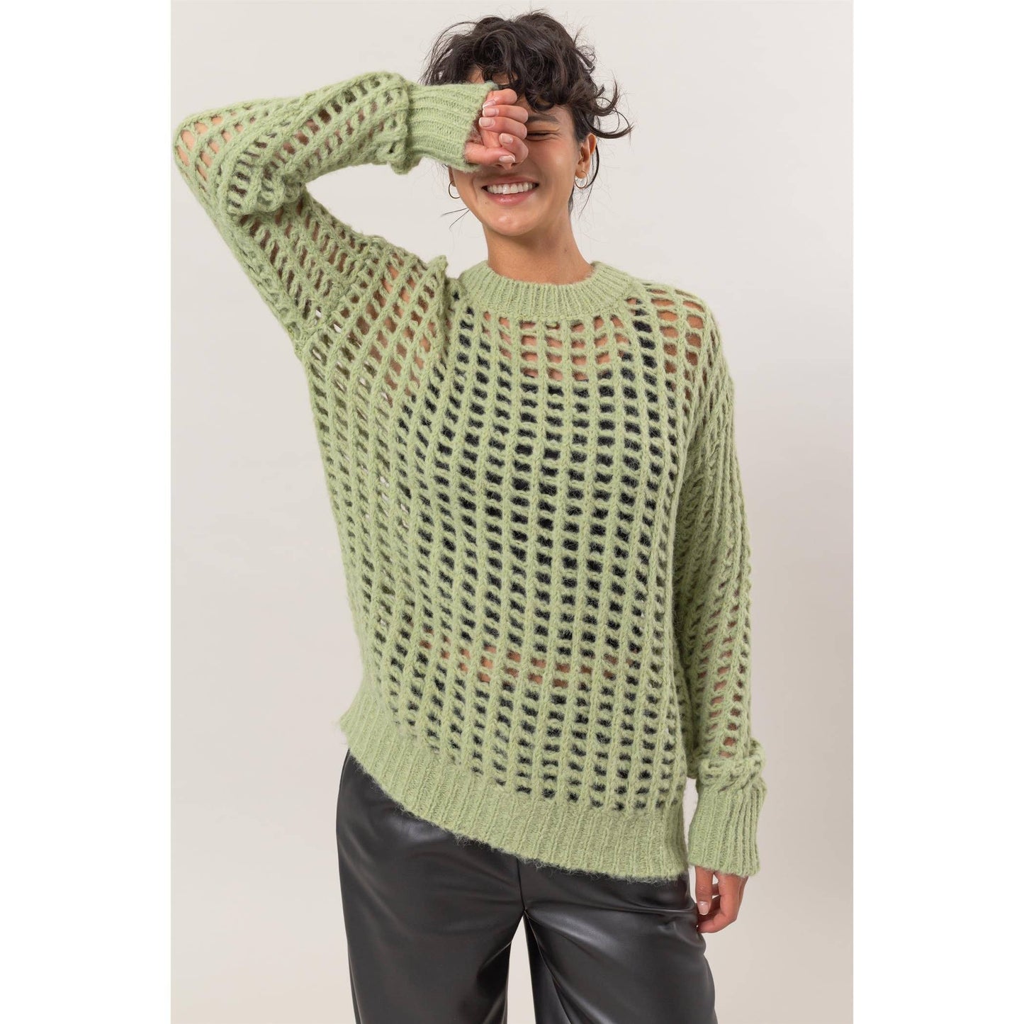 Open Stitch Long Sleeve Sweater: PASTEL GREEN
