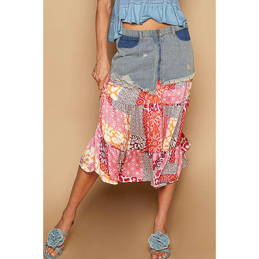 Printed Denim Floral Skirt