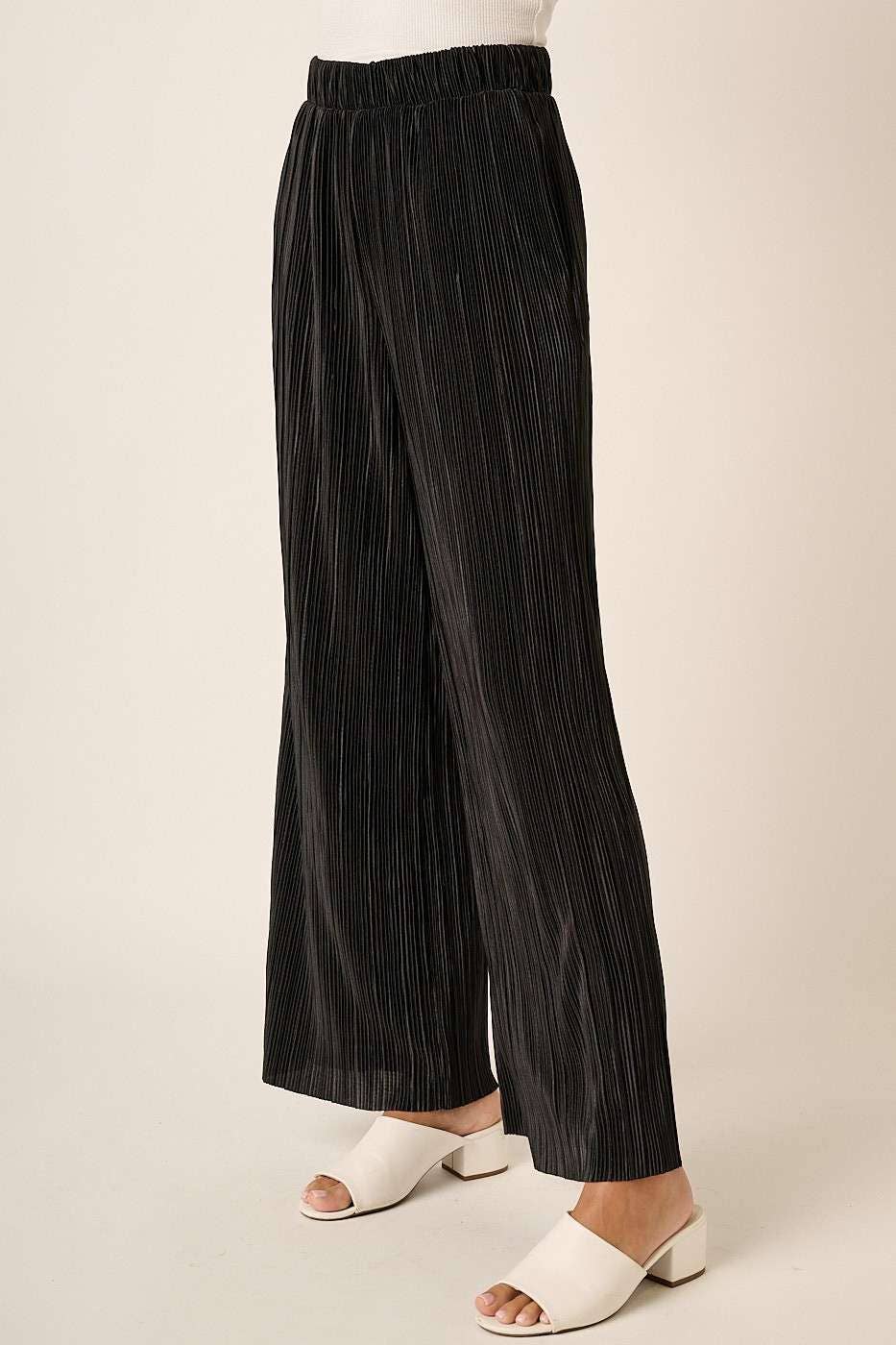 PLEATED SATIN ELASTIC WAIST WIDE LEG PANTS