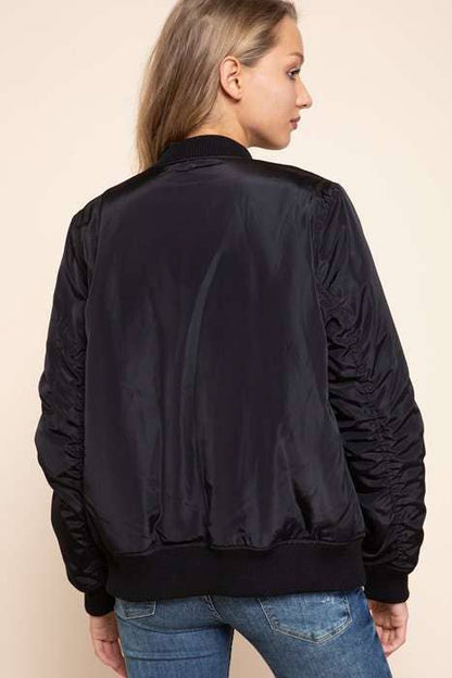 SATIN BOMBER JACKET: BLACK
