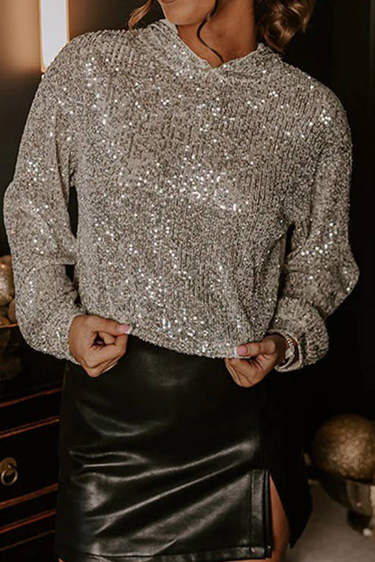 Sequin Hooded Long Sleeve Top: Beige