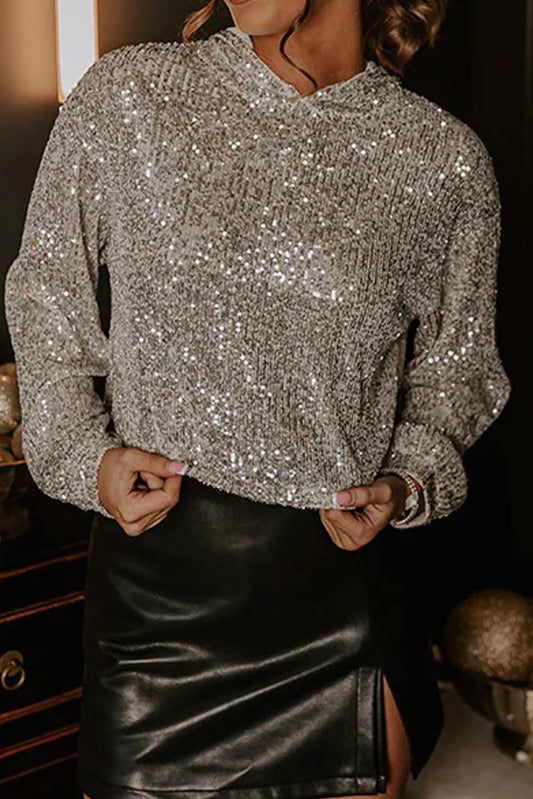 Sequin Hooded Long Sleeve Top: Beige
