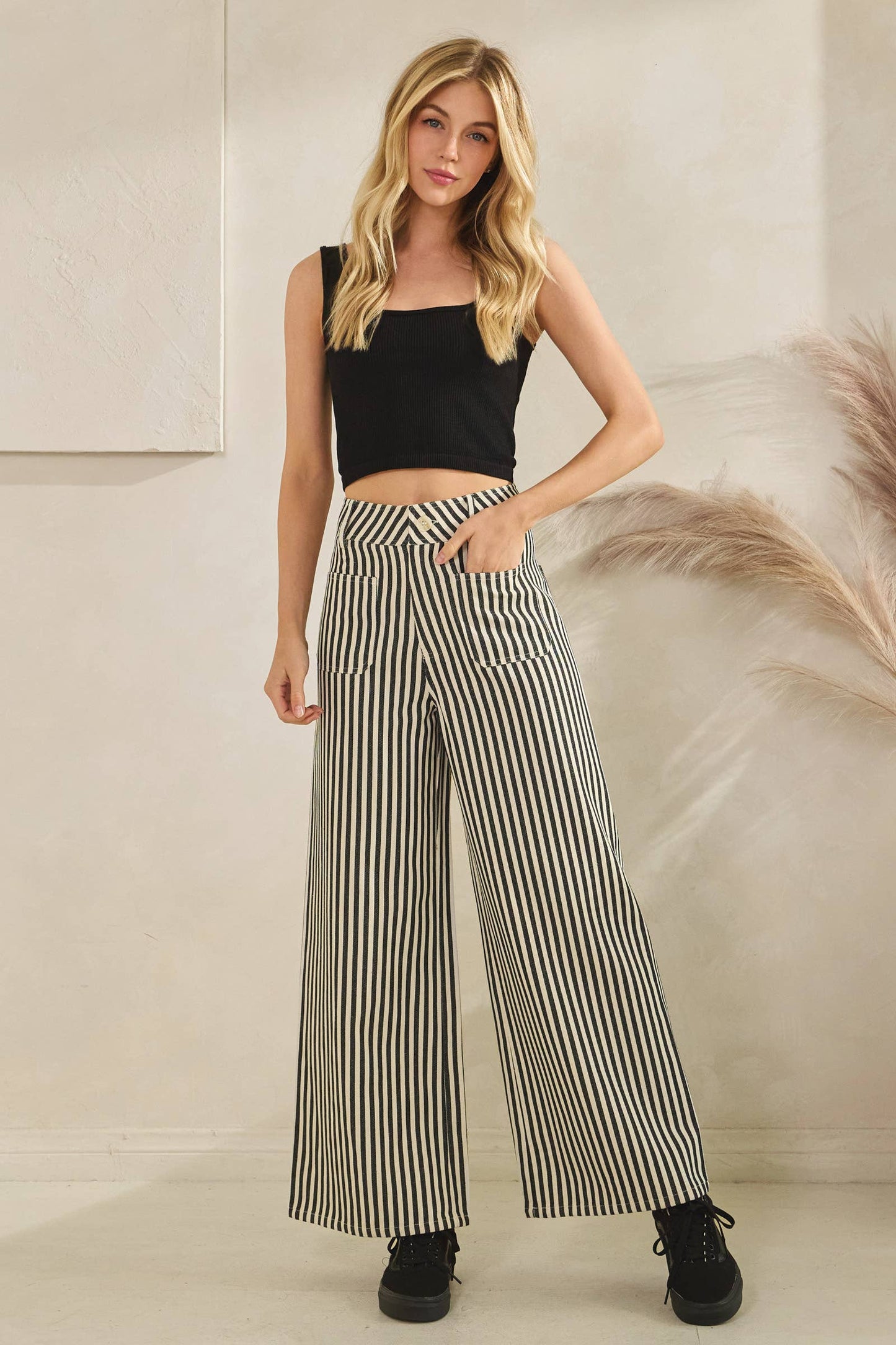 Lightweight Twill Stripe Wide Leg Pants (black)