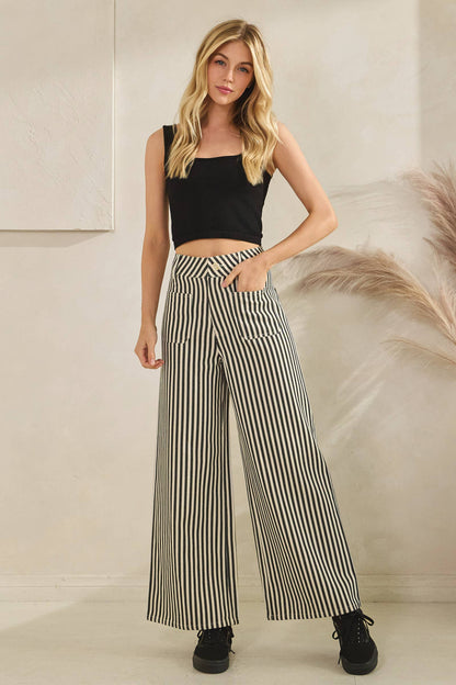 Lightweight Twill Stripe Wide Leg Pants (black)