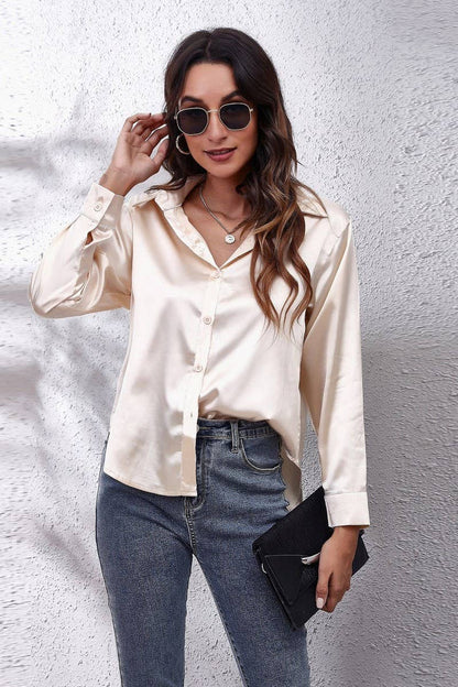 Button Down Satin Long Sleeve Top: White