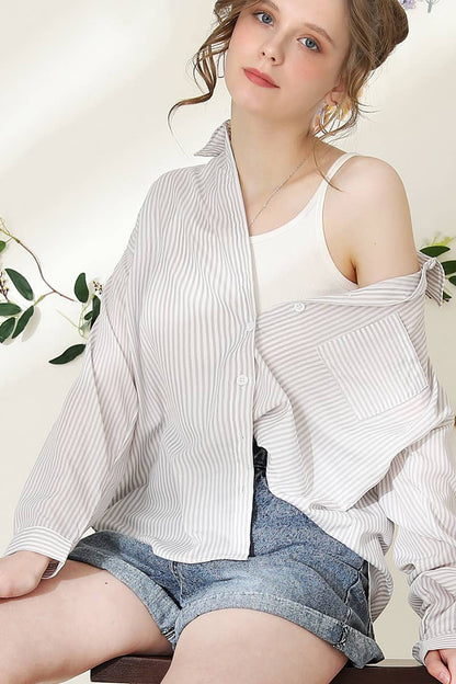 Striped Button Down Long Sleeve Shirt: GREYWHITE
