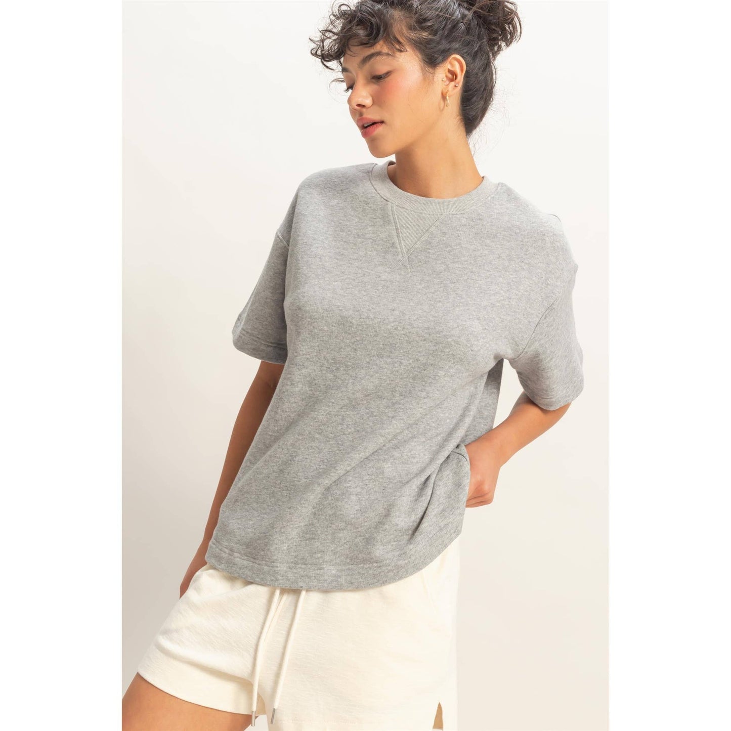 Crew Neck Short Sleeve Top: HEATHER GRAY
