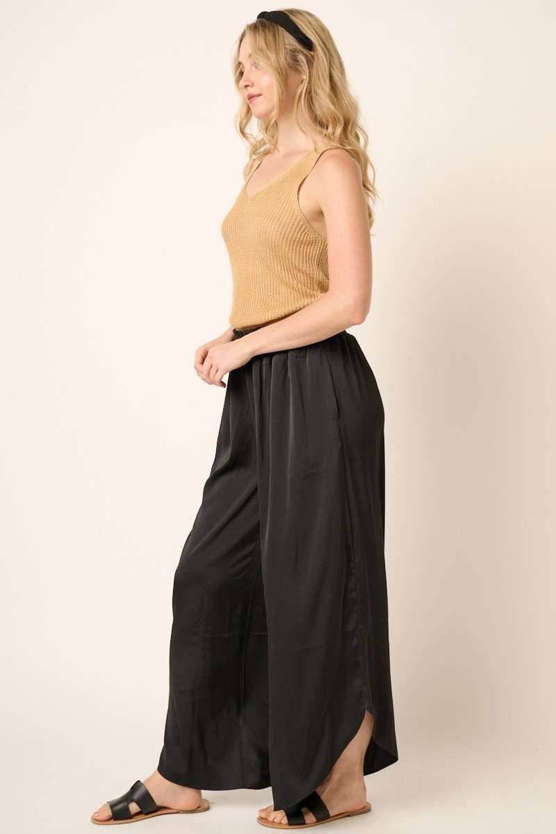 SATIN SMOCKED WAIST WIDE LEG PANTS