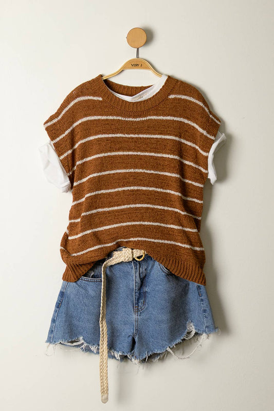 Striped Knit Sweater Vest Top: CAMEL