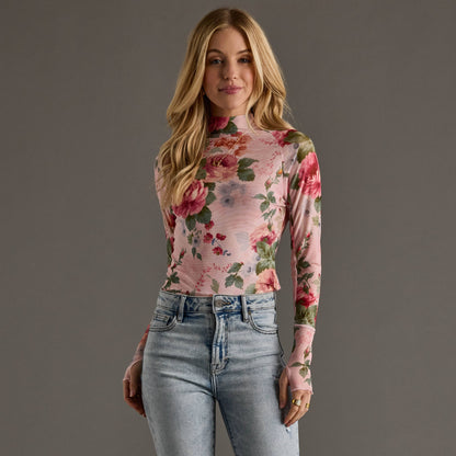 Pink & Green Floral Mesh Top