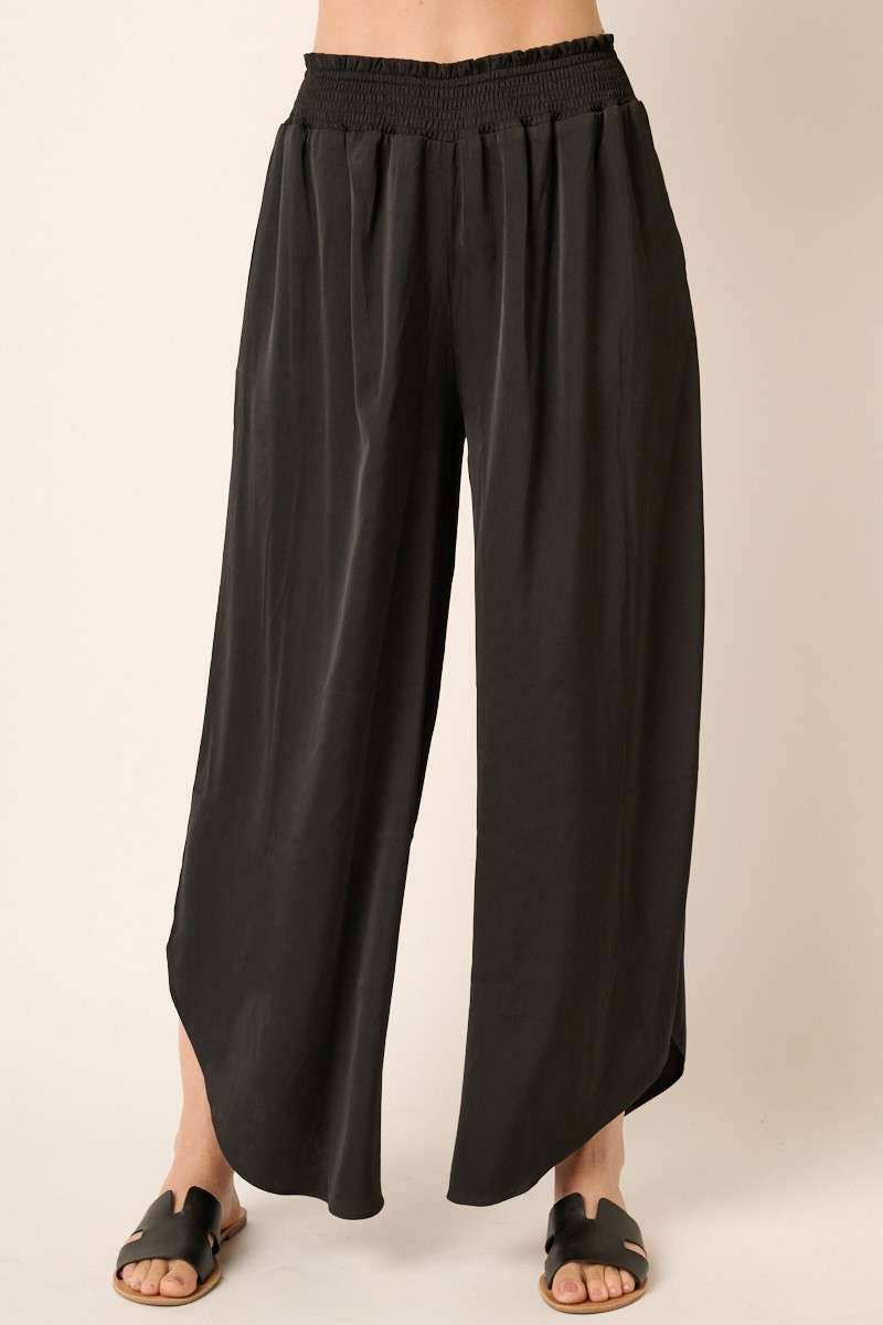 SATIN SMOCKED WAIST WIDE LEG PANTS