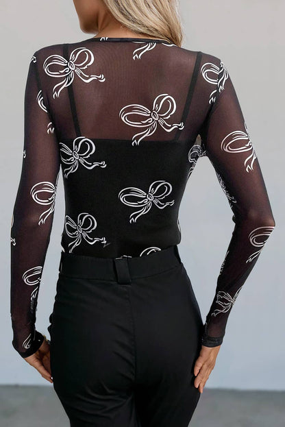 Bow Print Long Sleeve Mesh Top
