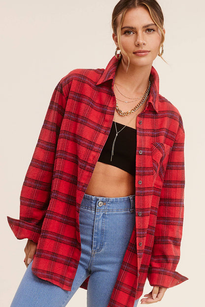 Loose Fit Soft Fabric Plaid Shirt (Red)