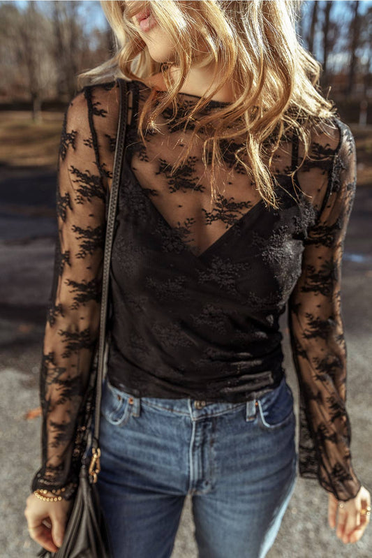 Lace Mesh Long Sleeve with Black Cami