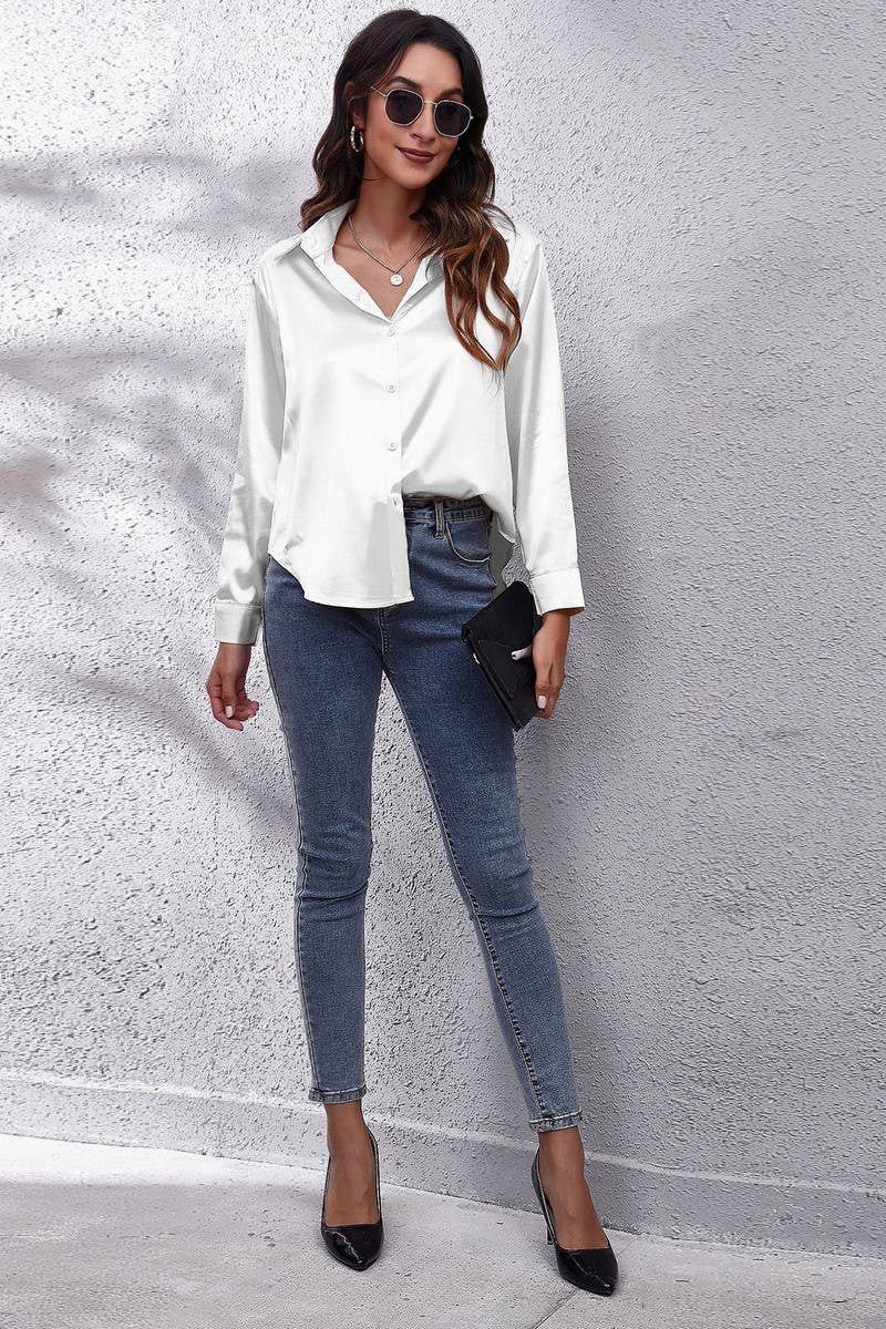 Button Down Satin Long Sleeve Top: White