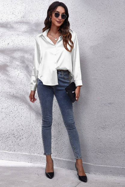 Button Down Satin Long Sleeve Top: White