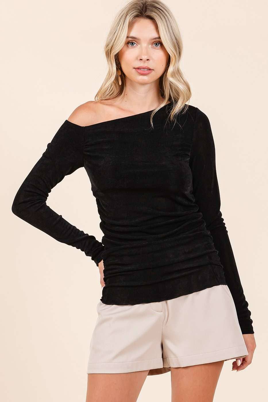Rib Knit One Shoulder Long Sleeve Top