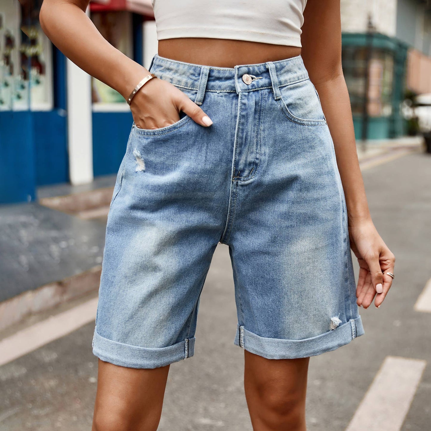 RIPPED AND CUFFED DENIM SHORTS