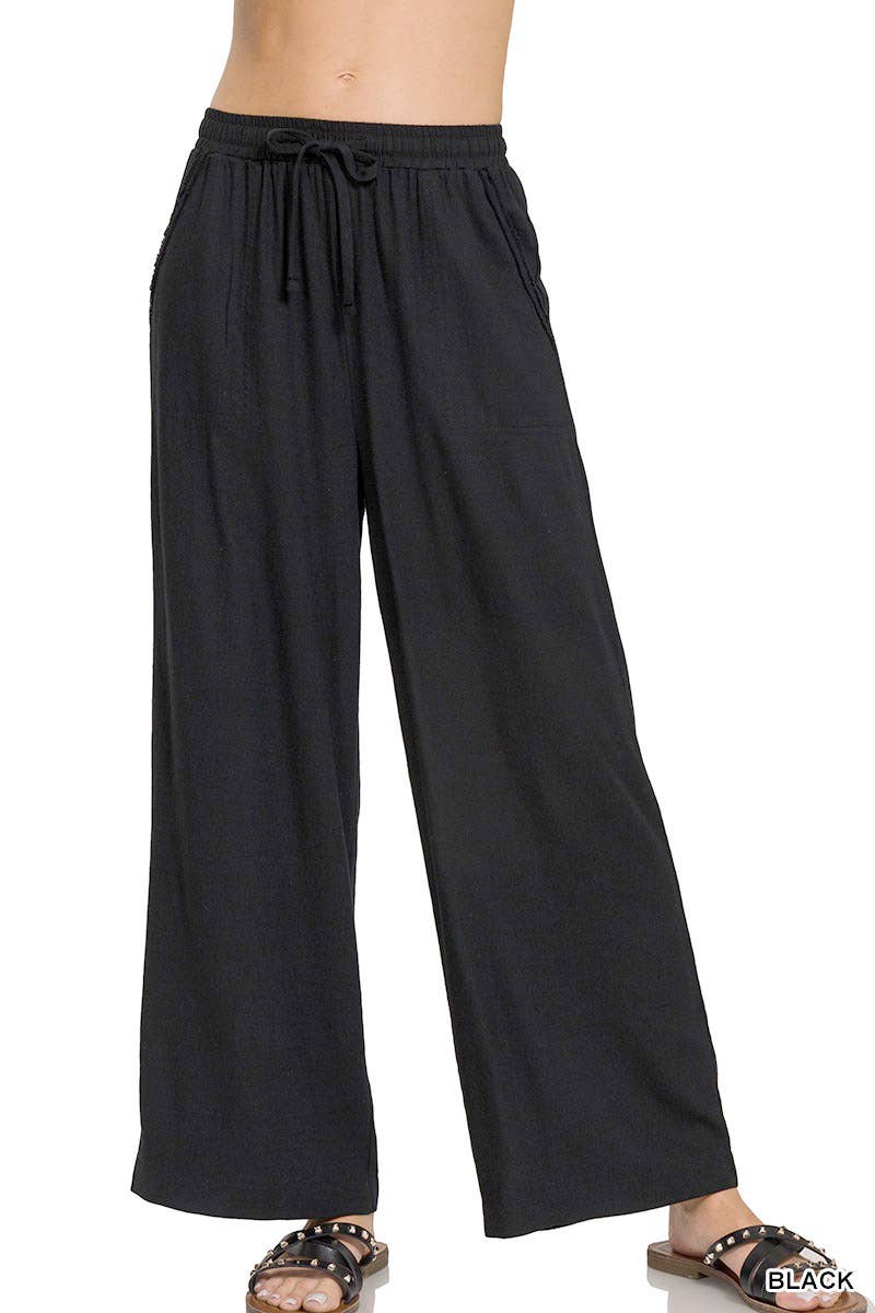 black wide leg linen pants drawstring waist women

